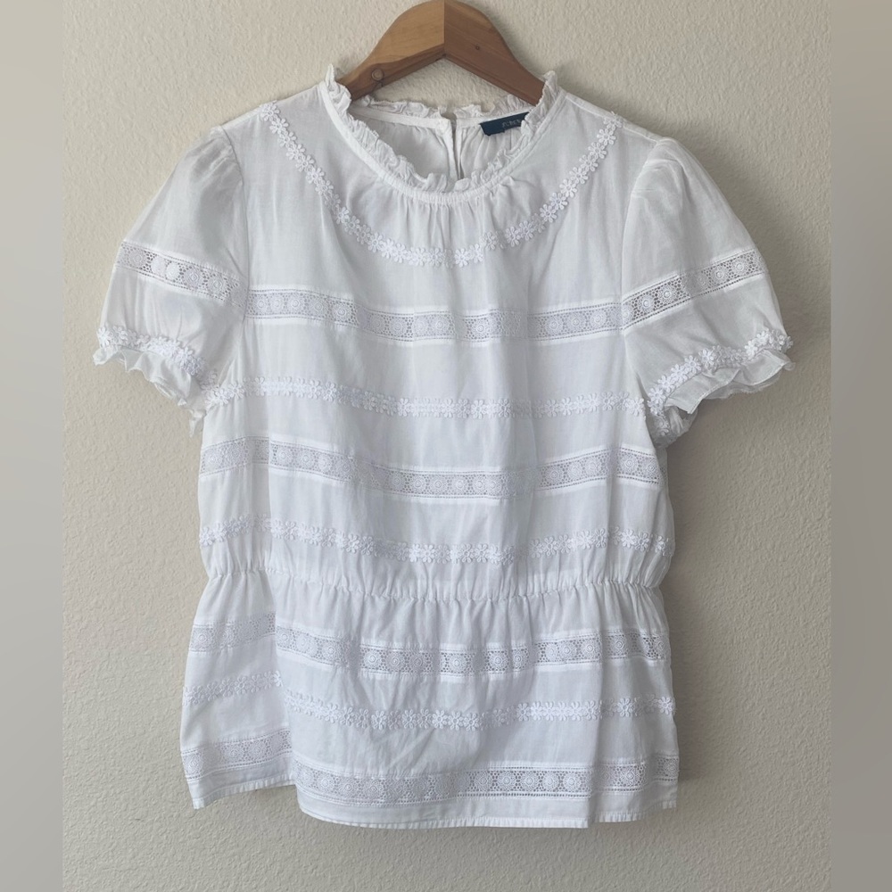 J.Crew Women’s Daisy Chain White Peplum Short Puff  Sleeve Top Size Medium